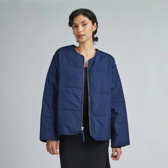 Everlane The Quilted Cotton Liner Full Zip Jacket Womens XS Navy Blue Collarless - Picture 1 of 9